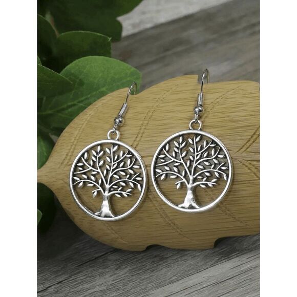 Antique Silver Vintage Style Round Drop Shape Hollow Tree Of Life Dangle Earring - Picture 7 of 8